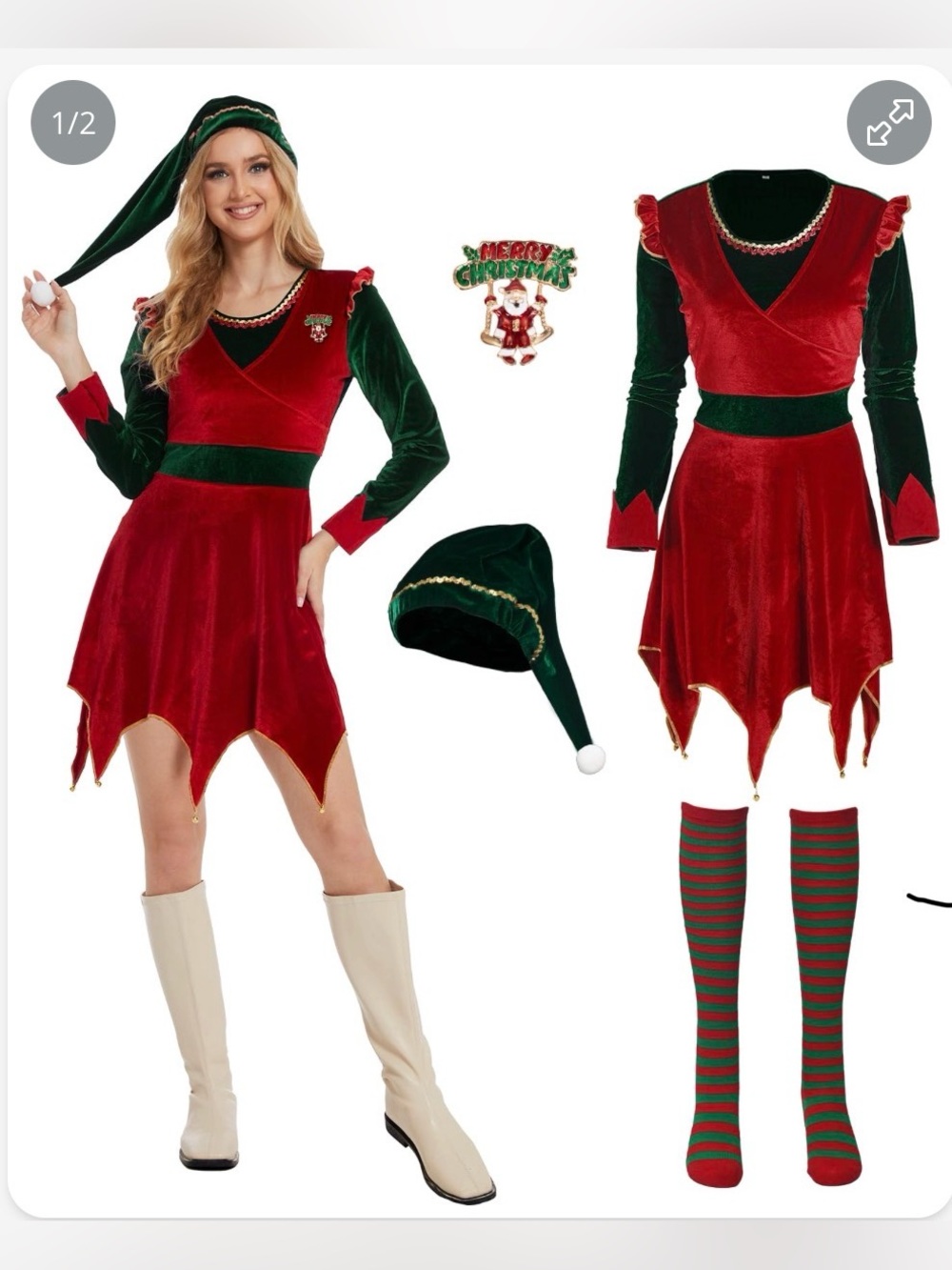 Holiday Elf Costume for Women’s Red & Green Velvet Dress with Hat and Stockings